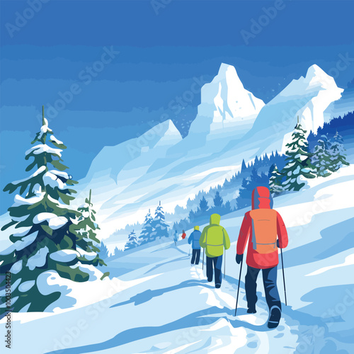 Hiking in the mountains in winter vector illustration.