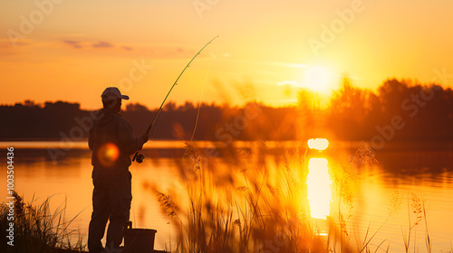 silhouette of a fisherman on sunset photo