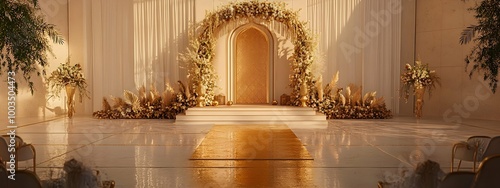 Elegant Wedding Arch with Golden Decor and Egyptian Motifs. photo