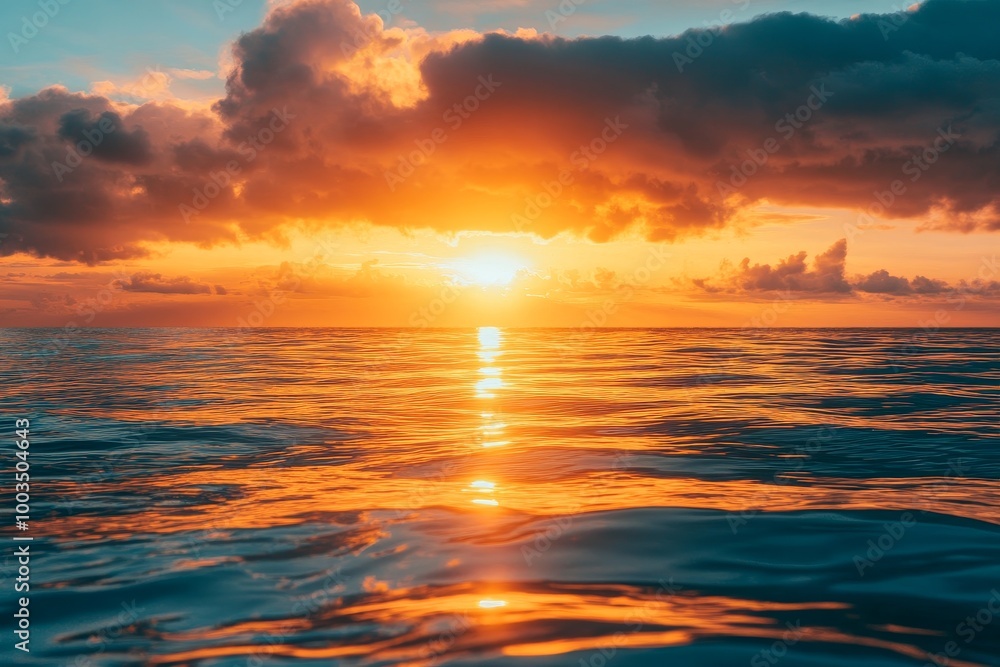 Fototapeta premium Orange sunset reflected in calm ocean water.
