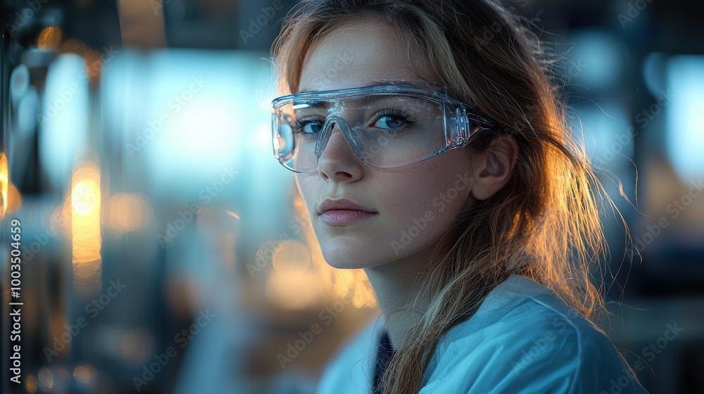 Young scientist wearing safety goggles works in a modern laboratory during evening hours, focusing on research and experiments Young scientist wearing safety goggles works in a modern laboratory during evening hours, focusing on research and experiments