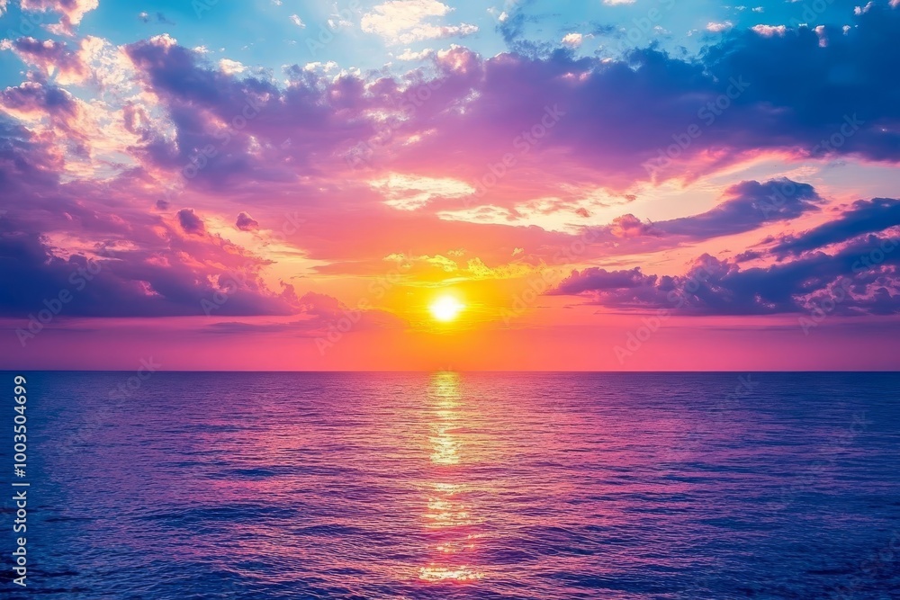 Obraz premium A vibrant sunset over a calm ocean with pink and orange clouds reflecting in the water.
