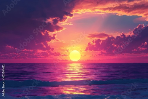 A vibrant sunset casts a purple glow over the calm ocean with a single bright sun shining through the clouds.