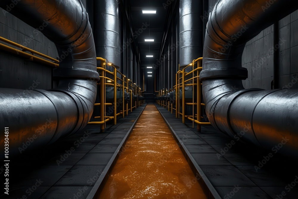Industrial pipes leaking toxic residue into a dark, abandoned facility, with eerie lighting, dangerous spill, post-industrial decay Industrial pipes leaking toxic residue into a dark, abandoned facility, with eerie lighting, dangerous spill, post-industrial decay