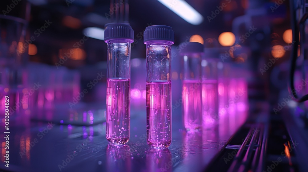 Laboratory experiment with glowing liquid in test tubes under bright lights during a scientific research session Laboratory experiment with glowing liquid in test tubes under bright lights during a scientific research session
