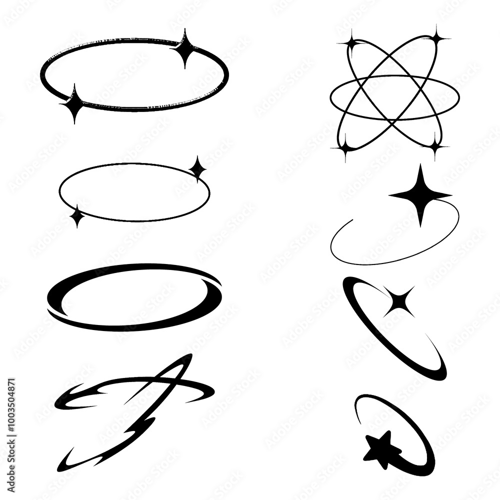 Black and White Y2K Elements Vector Illustration Set. Hand Drawn Oval Circle Highlight Sketch on White Background. Sparkle Orbiting Stars Icon Design. Black and White Y2K Elements Vector Illustration Set. Hand Drawn Oval Circle Highlight Sketch on White Background. Sparkle Orbiting Stars Icon Design.