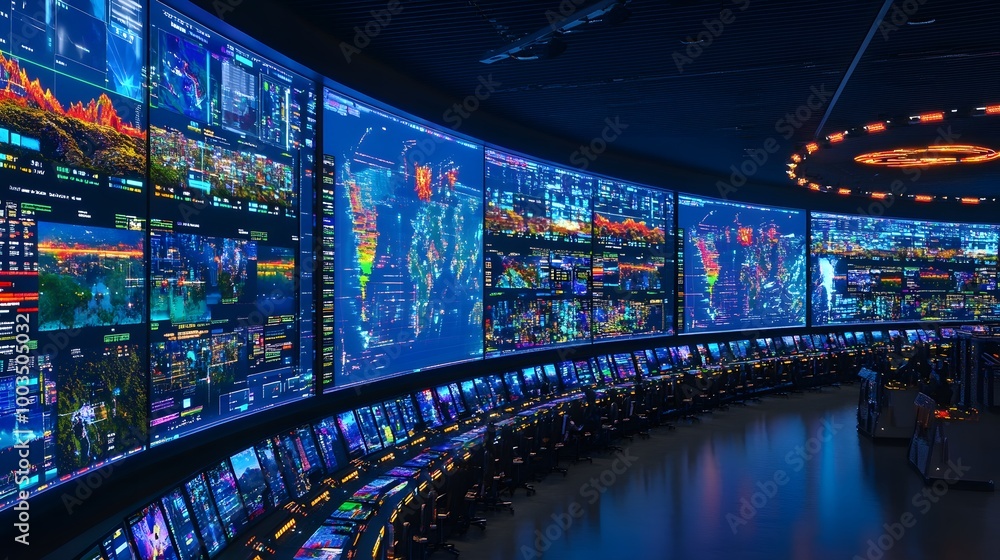 Fototapeta premium Futuristic Control Room with Global Data Visualization Screens
