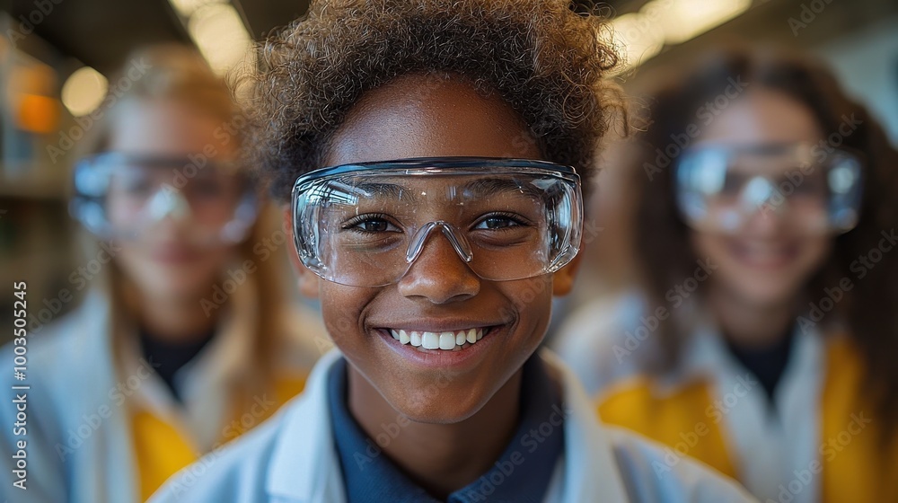 Smiling young student in safety goggles participates in a science activity at a school equipped with modern laboratories Smiling young student in safety goggles participates in a science activity at a school equipped with modern laboratories