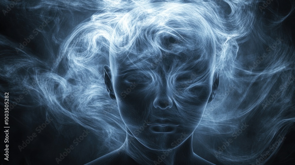 Fototapeta premium A surreal depiction of a head surrounded by swirling smoke, suggesting introspection and mystery.