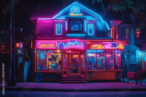 A neon-lit storefront glows brightly in the night, showcasing a vibrant and eclectic selection of goods.