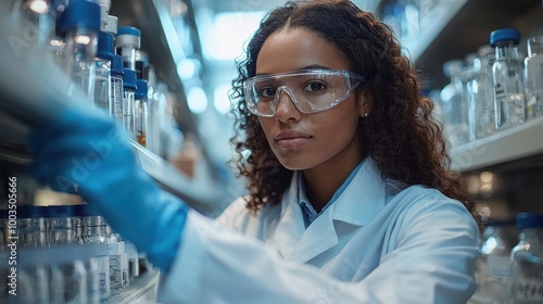 A young scientist in a lab coat organizing samples in a research laboratory filled with glass containers during a daytime experiment