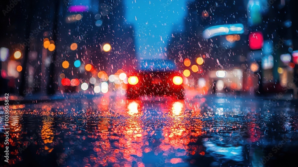 Obraz premium Rainy evening in a bustling city with bright lights reflecting on wet streets from cars passing by