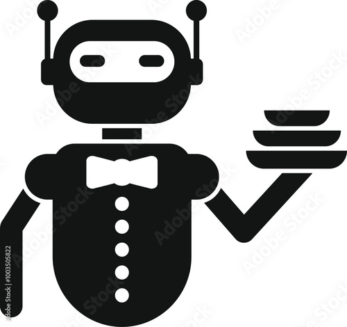 Robot waiter holding plates serving food in restaurant glyph icon, artificial intelligence concept, robotic waiter vector sign on white background, glyph style icon
