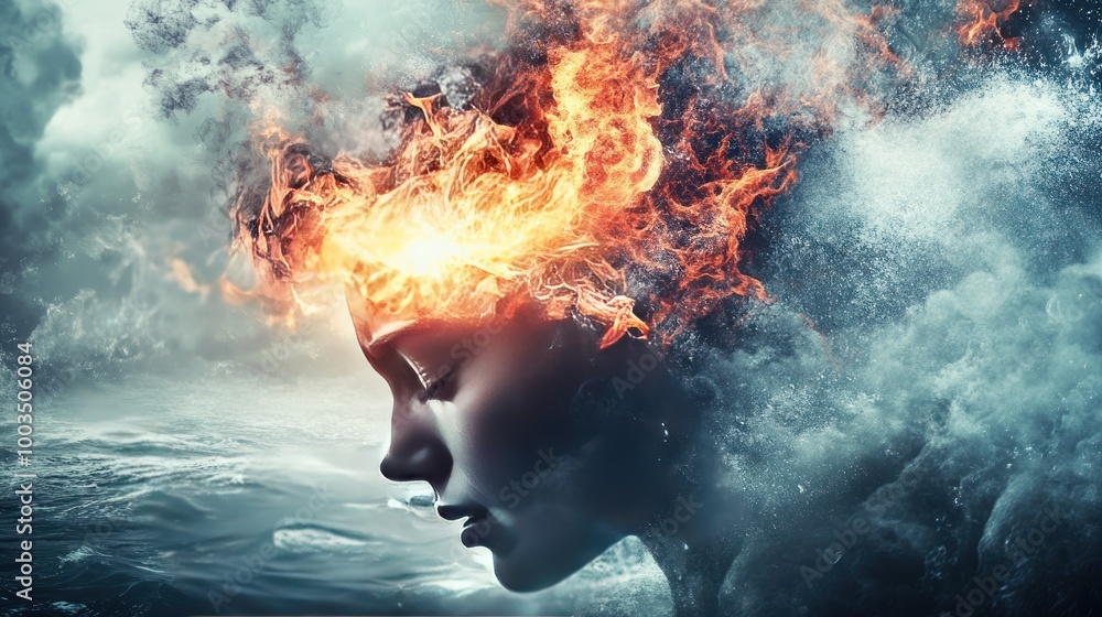 A surreal depiction of a woman's head engulfed in fire and water, symbolizing intense emotions. A surreal depiction of a woman's head engulfed in fire and water, symbolizing intense emotions.