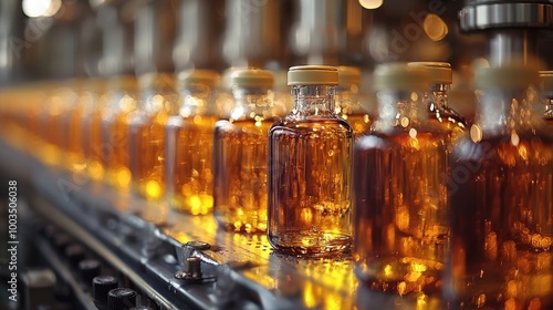 Golden liquid in jars on a production line in a factory during daytime showcasing industrial bottling process