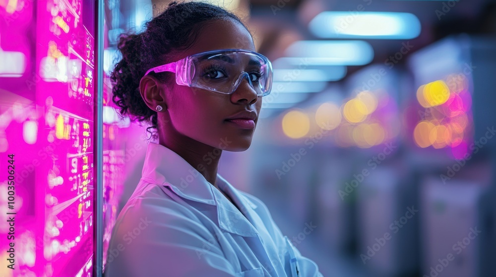 A young scientist in a lab coat with protective eyewear stands confidently against a vibrant backdrop of illuminated technology at night A young scientist in a lab coat with protective eyewear stands confidently against a vibrant backdrop of illuminated technology at night