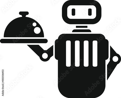 Robot waiter holding a covered tray icon in glyph style, suitable for any purpose related to food service robots and automation