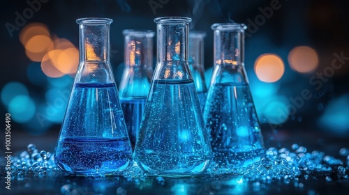 Colorful laboratory flasks filled with blue liquid are surrounded by bubbles in a dimly lit setting, creating a captivating scientific atmosphere