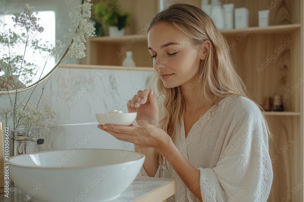 Woman Enjoying Skincare Routine at Modern Bathroom Woman Enjoying Skincare Routine at Modern Bathroom