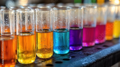 Colorful test tubes filled with vibrant liquids displayed on a lab counter during a science experiment in a laboratory