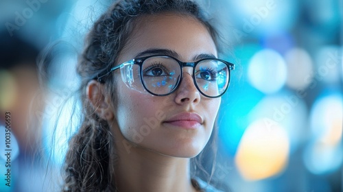 Wallpaper Mural A young woman with glasses gazes thoughtfully while illuminated by colorful lights in an urban setting at night Torontodigital.ca