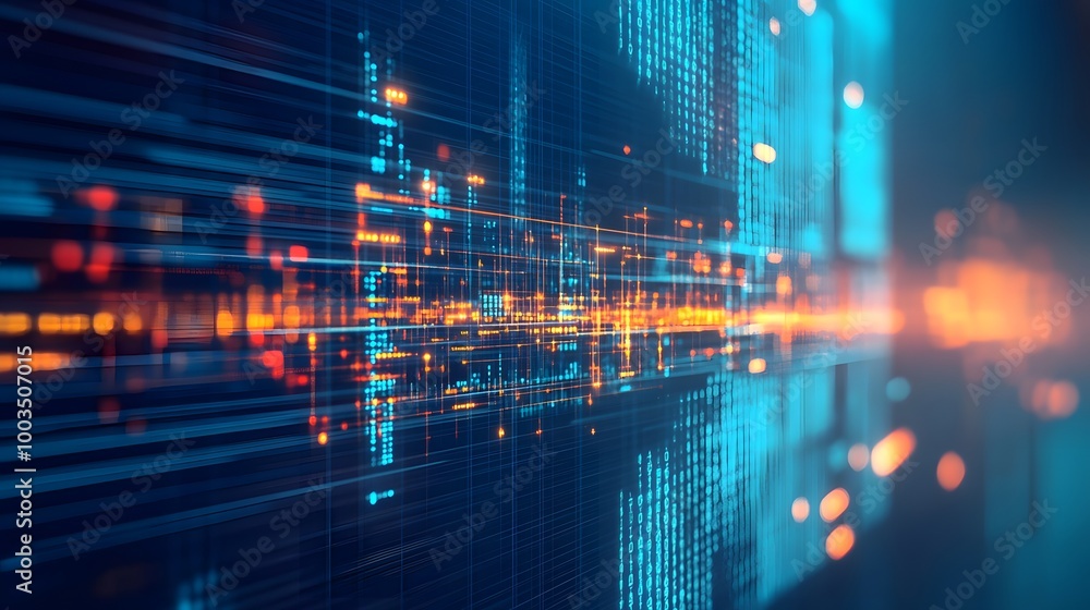 Fototapeta premium Abstract Digital Technology Background with Binary Code and Glowing Lights