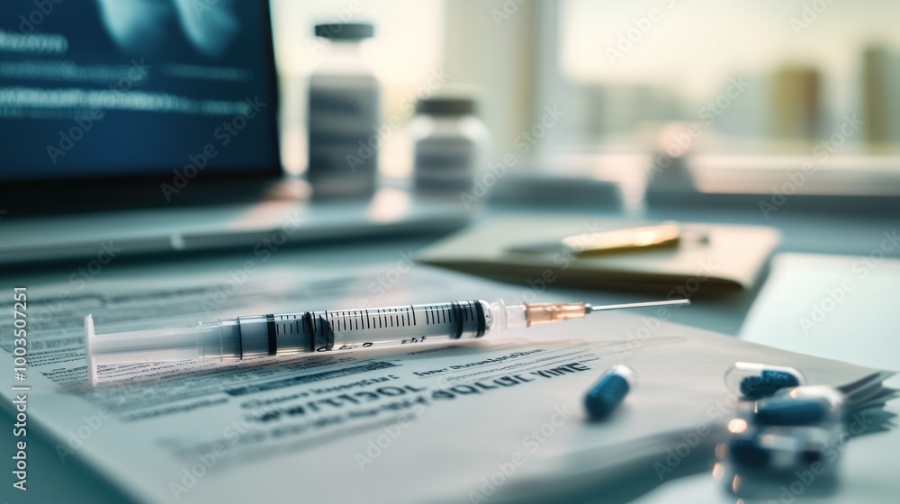 A syringe and medication on a desk, indicating a medical or health-related context. A syringe and medication on a desk, indicating a medical or health-related context.