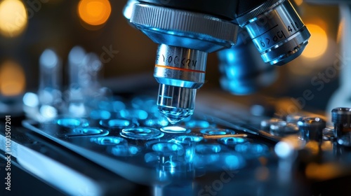 Close-up view of a microscope focusing on a slide in a laboratory at night highlighting scientific research activities