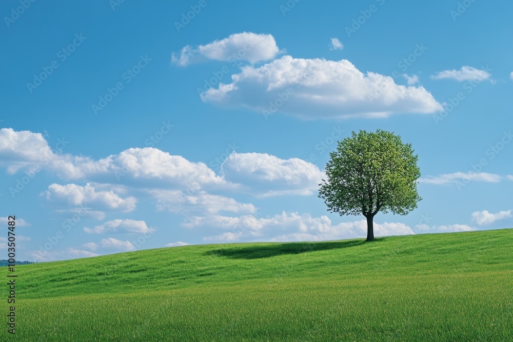 A single tree stands tall on a grassy hill with a blue sky and fluffy clouds above. A single tree stands tall on a grassy hill with a blue sky and fluffy clouds above.