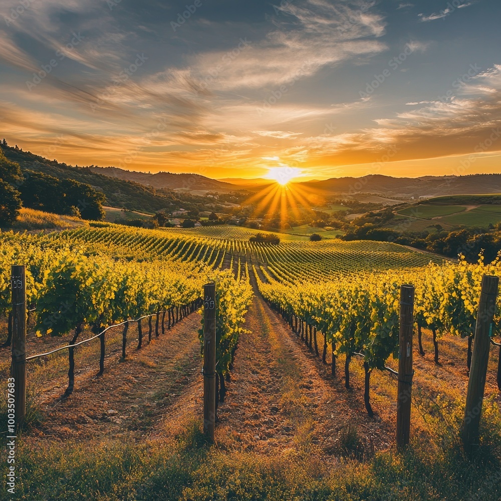 Fototapeta premium Golden sunset over rolling vineyards, with rows of grapevines stretching across the landscape.