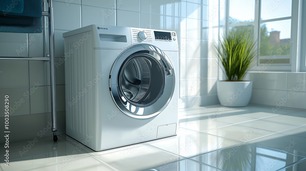 Modern washing machine standing in a bathroom with sunlight shining through the window Modern washing machine standing in a bathroom with sunlight shining through the window