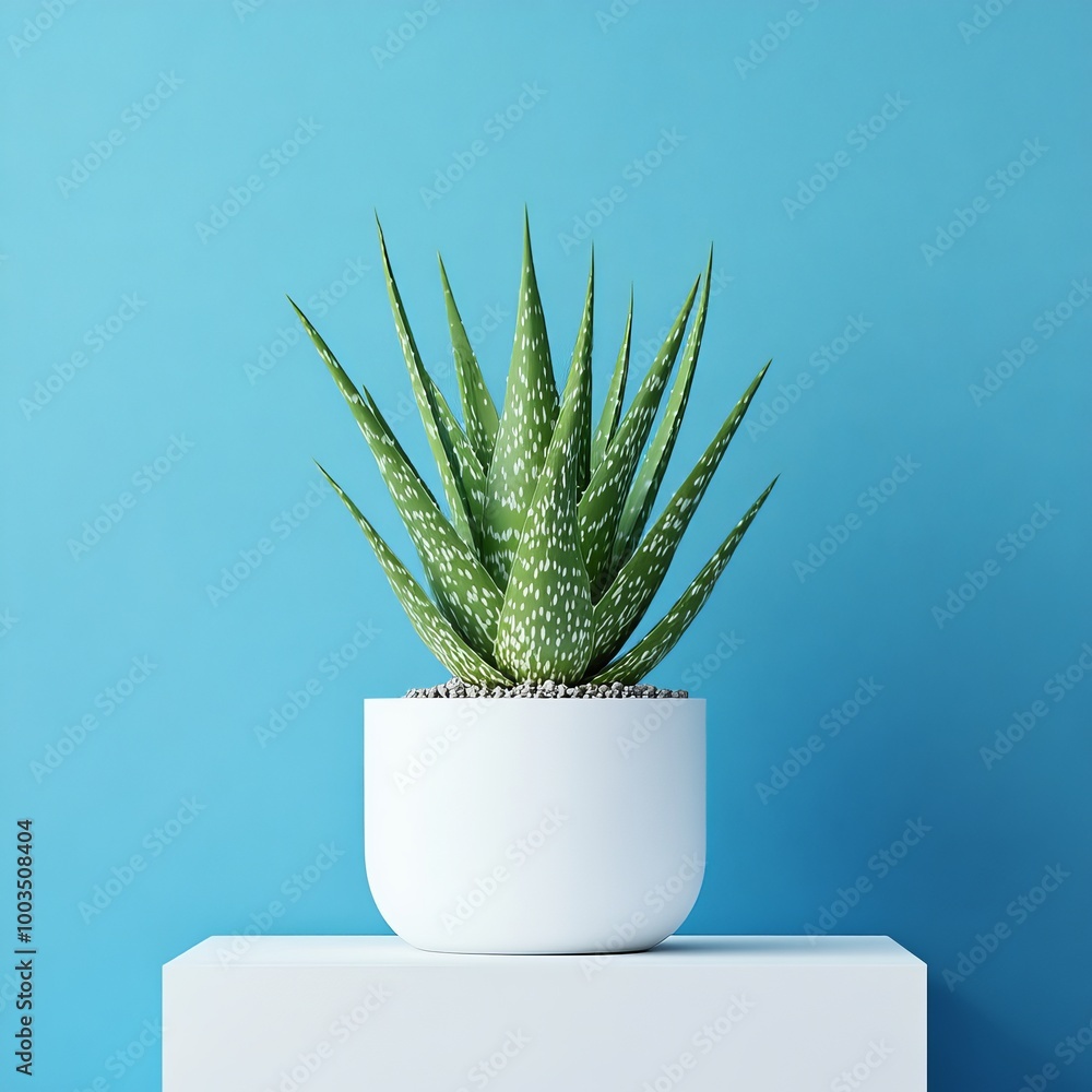 Aloe vera plant in white pot on blue wall background. Aloe vera plant in white pot on blue wall background.