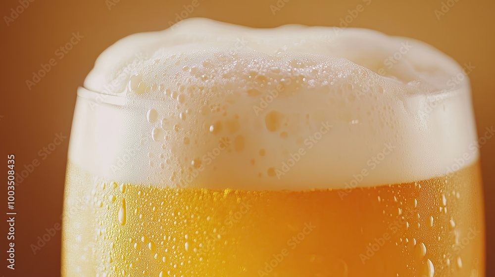 Golden yellow beer with frothy white foam head, captured in a close-up view to highlight its refreshing texture