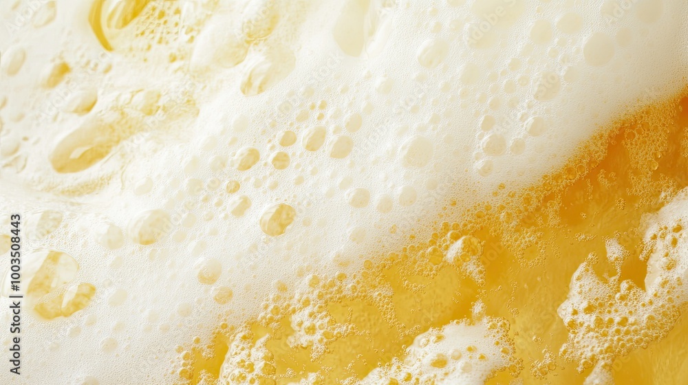 Golden yellow beer with frothy white foam on top, captured in a close-up view to emphasize the fresh and bubbly texture Golden yellow beer with frothy white foam on top, captured in a close-up view to emphasize the fresh and bubbly texture