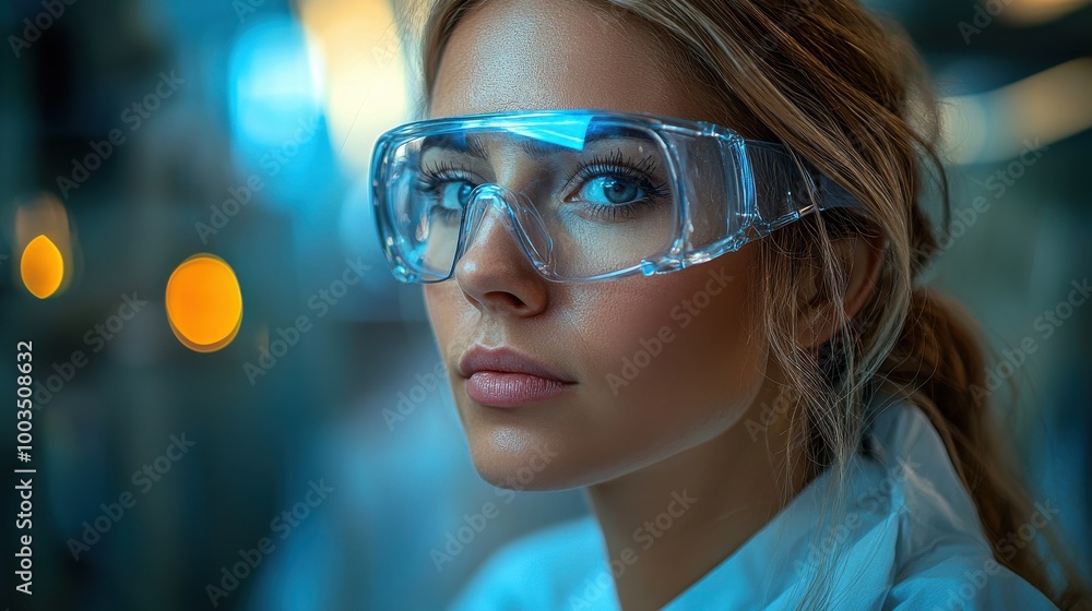 A focused young woman wearing safety goggles in a laboratory environment during a research experiment A focused young woman wearing safety goggles in a laboratory environment during a research experiment