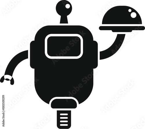 This simple vector icon of a robot holding a covered plate is perfect for projects related to robotics, artificial intelligence, and the future of food service