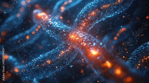 Microscopic view of intertwined cells displaying vibrant blue and orange colors, highlighting intricate biological structures and processes