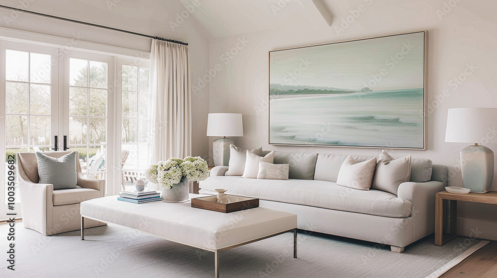 Fototapeta premium Minimalist Coastal Living Room Interior with Soft Neutral Tones and Ocean View