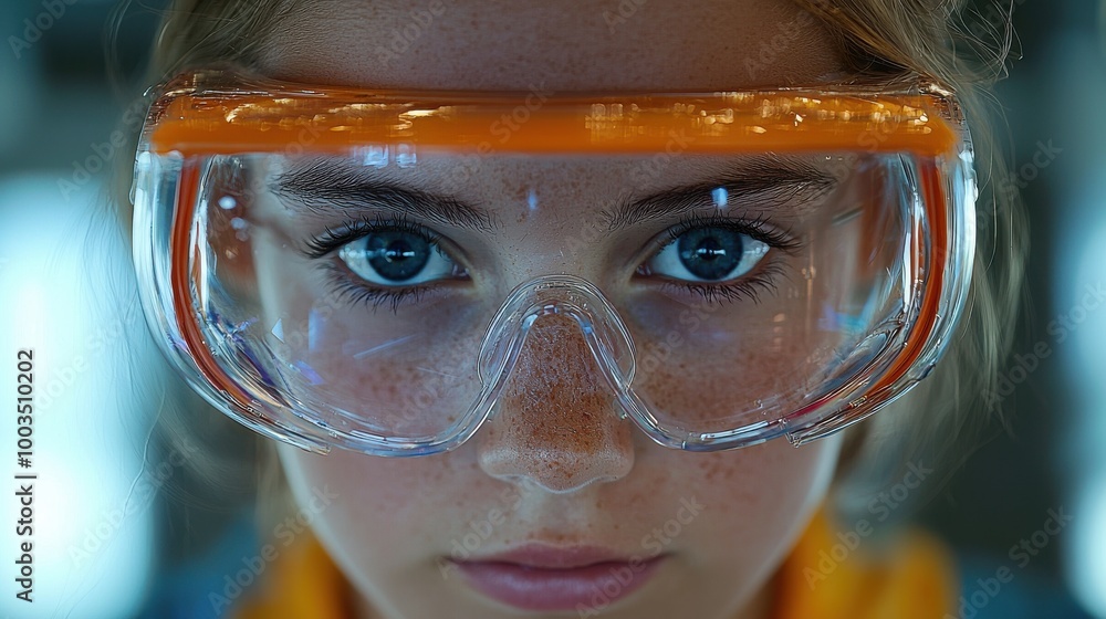 A young girl wearing protective goggles, focused on a task in a bright laboratory setting during an educational science activity A young girl wearing protective goggles, focused on a task in a bright laboratory setting during an educational science activity