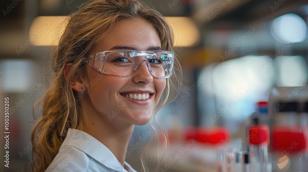 Young woman in safety glasses smiles while conducting laboratory research in a well-lit science lab during daytime Young woman in safety glasses smiles while conducting laboratory research in a well-lit science lab during daytime