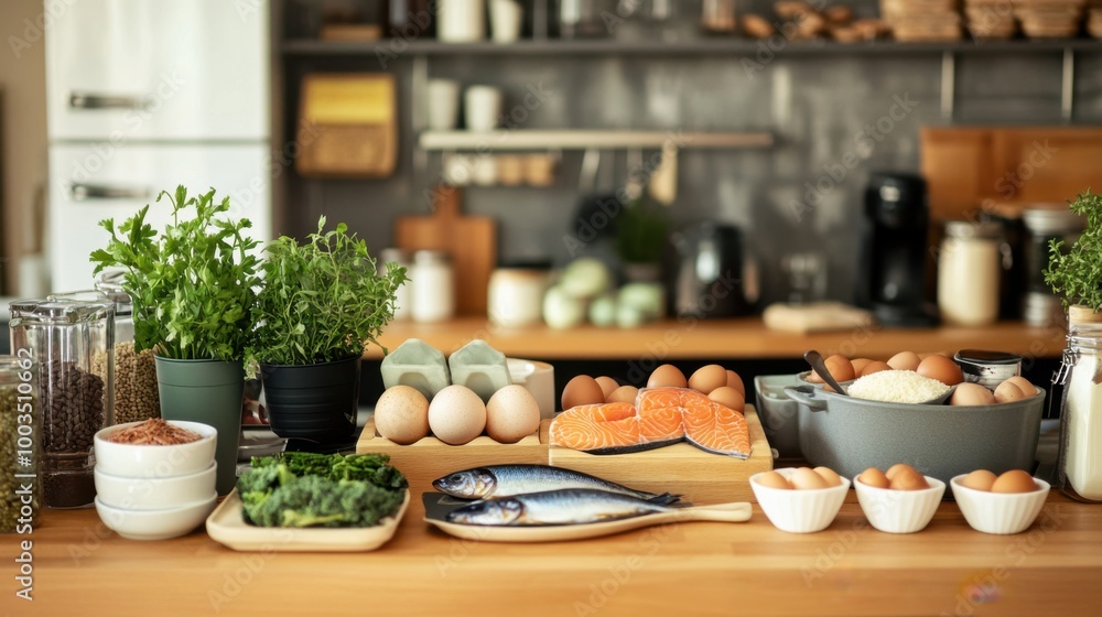 A kitchen scene with a variety of protein sources including eggs, dairy, fish, and plant-based A kitchen scene with a variety of protein sources including eggs, dairy, fish, and plant-based