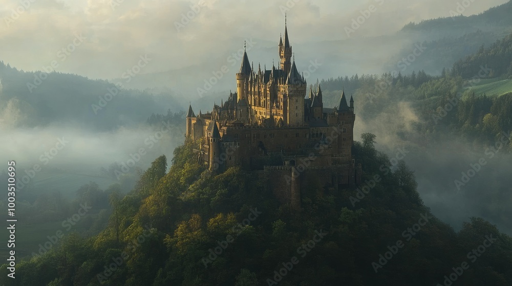 Historic European castle perched on a hill overlooking the surrounding landscape, with a misty valley below. Historic European castle perched on a hill overlooking the surrounding landscape, with a misty valley below.