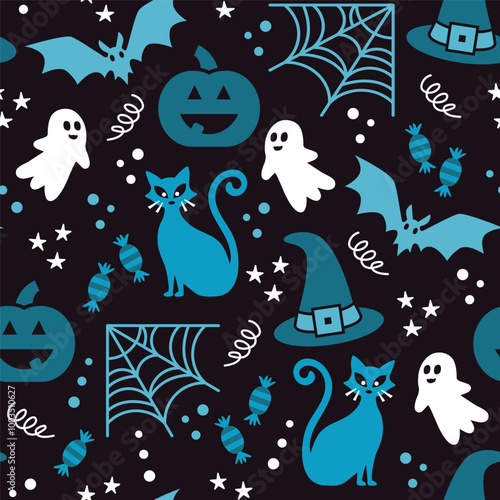 Retro blue Halloween party Vector pattern. Halloween illustration in teal blue and black seamless vector pattern, ghosts, bats, halloween cats, spider web, candies, stars.