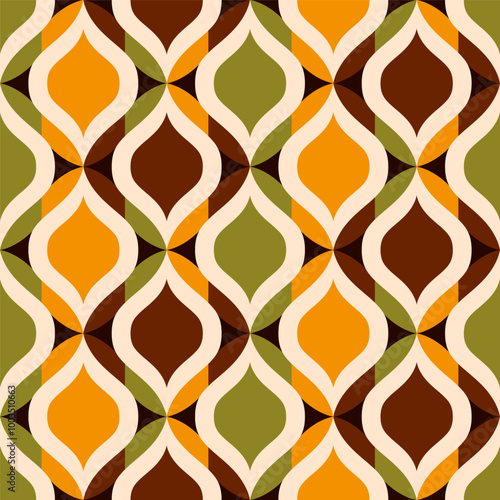 Retro 70s ogee ovals mosaic brown moss Vector Pattern. Retro midcentury modern geometrics in autumn colors, mustard yellow, moss green, deep brown, cream.