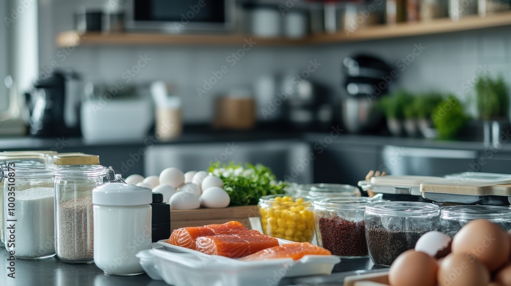 A kitchen scene with a variety of protein sources including eggs, dairy, fish, and plant-based A kitchen scene with a variety of protein sources including eggs, dairy, fish, and plant-based