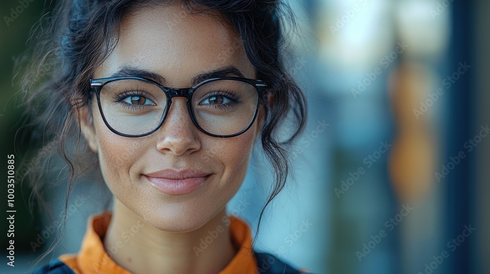 Young woman with glasses smiling outdoors in a sunny environment, showcasing a confident expression Young woman with glasses smiling outdoors in a sunny environment, showcasing a confident expression