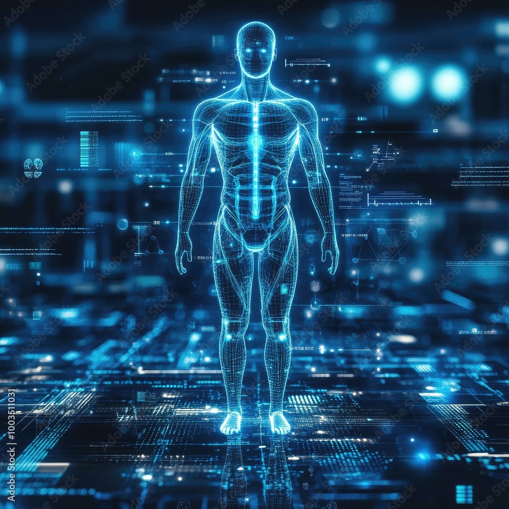 Holographic human body with data points highlighting health diagnostics, symbolizing AI in healthcare. Holographic human body with data points highlighting health diagnostics, symbolizing AI in healthcare.