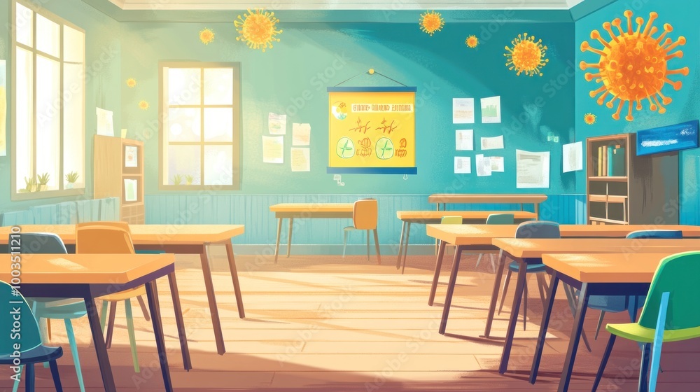 A vibrant classroom with desks, educational materials, and virus illustrations. A vibrant classroom with desks, educational materials, and virus illustrations.