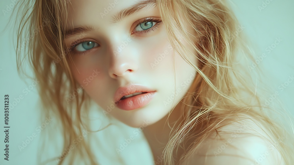 Close-up Portrait of a Woman with Blonde Hair and Blue Eyes - Realistic Image Close-up Portrait of a Woman with Blonde Hair and Blue Eyes - Realistic Image