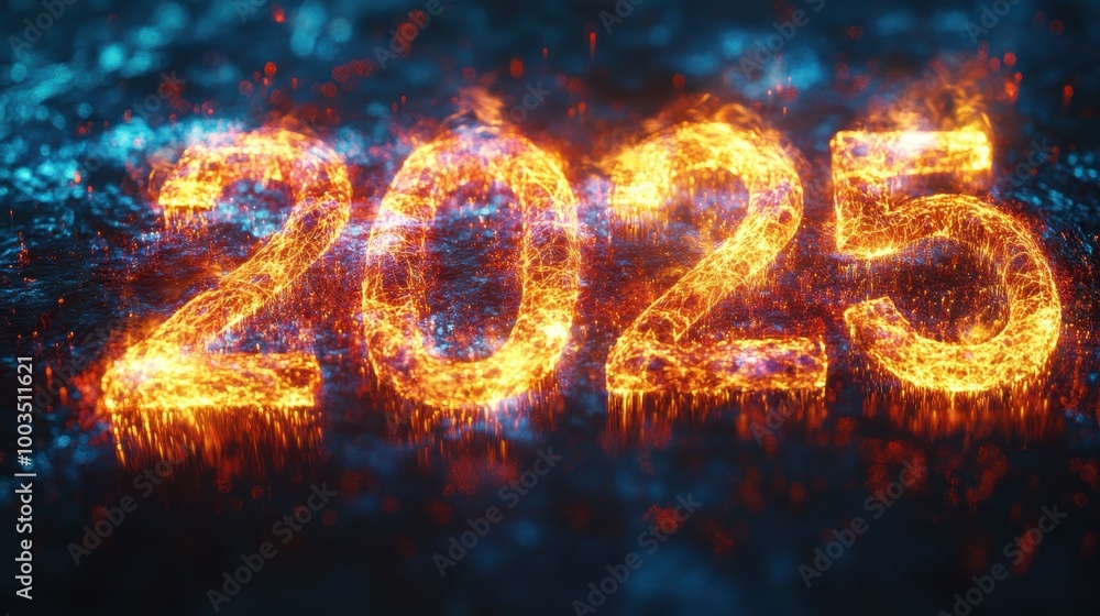 Fiery 2025 Numbers in Glowing Flames on Dark Background for New Year Celebration and Future Concept Fiery 2025 Numbers in Glowing Flames on Dark Background for New Year Celebration and Future Concept